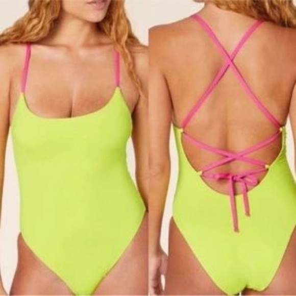 Andie Swim Fiji Neon Lemon Pink Strappy One Piece Swimsuit Size XS - Picture 1 of 5
